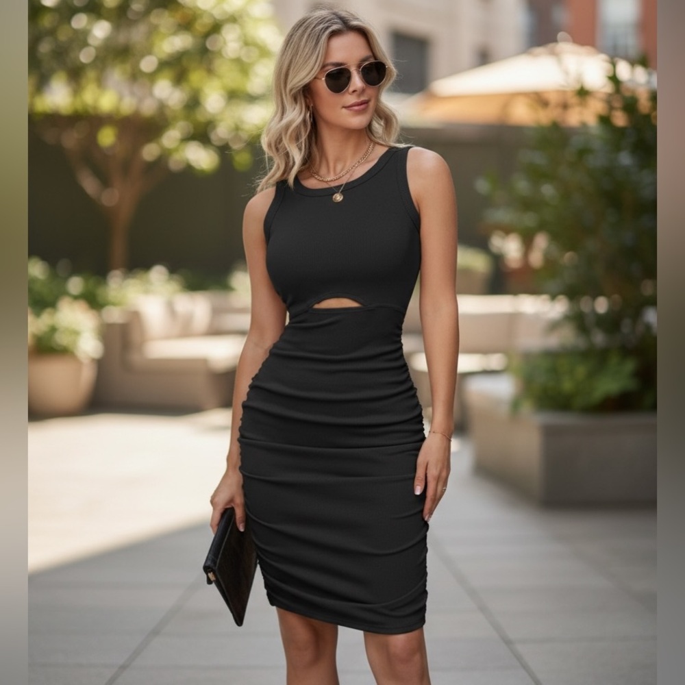NEW•MINIMALIST CHIC BLACK RUCHED PEEKABOO DRESS•XXL
